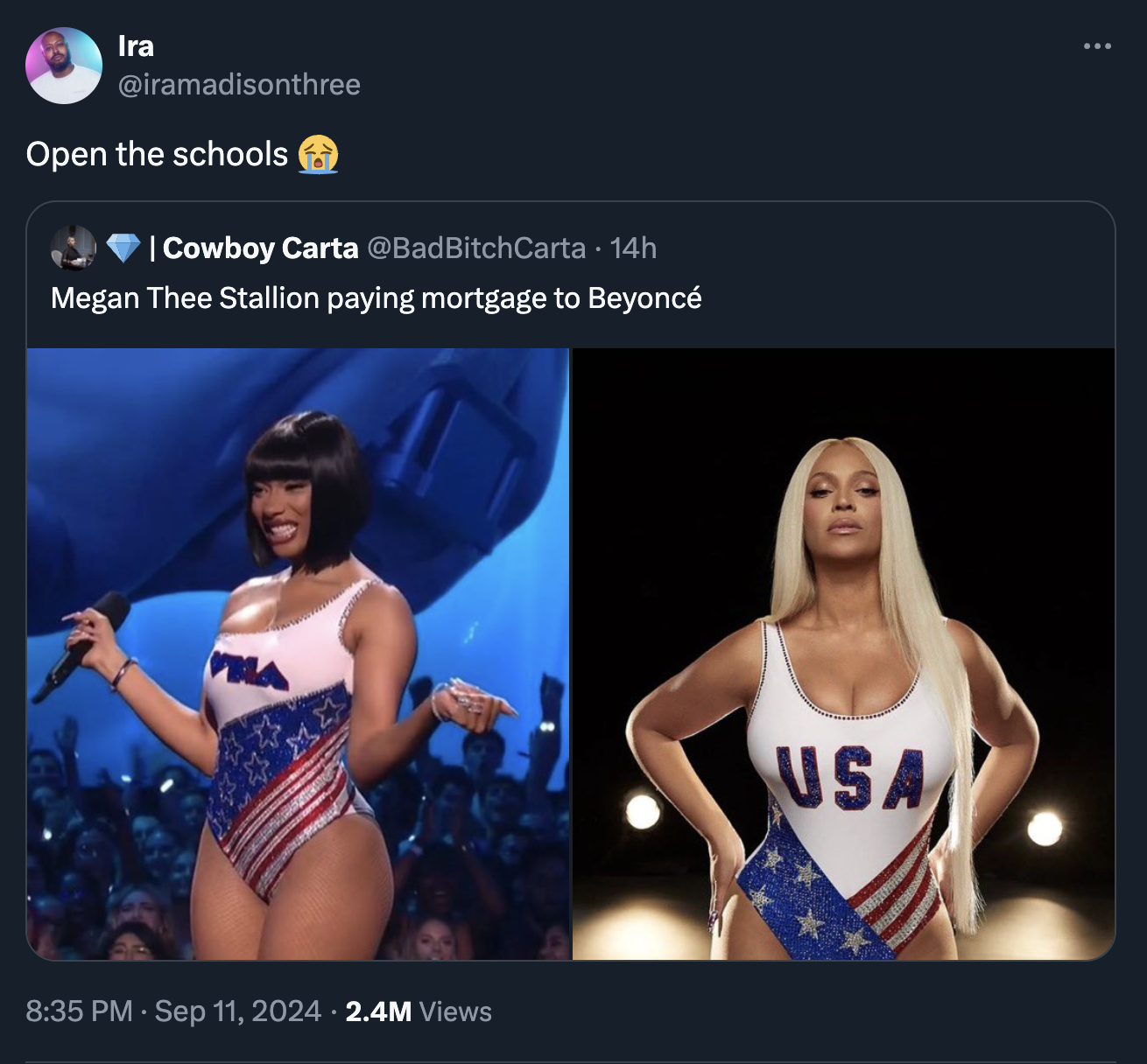 olympics beyonce - Ira Open the schools | Cowboy Carta 14h Megan Thee Stallion paying mortgage to Beyonc 2.4M Views Usa